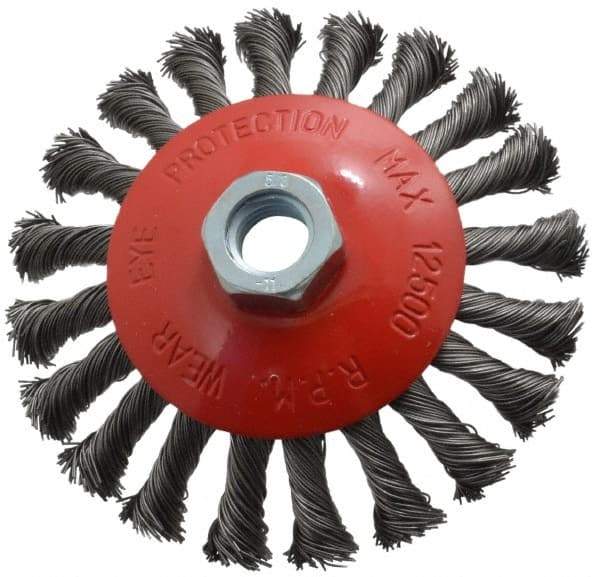 Value Collection - 4-9/16" OD, 5/8-11 Arbor Hole, Knotted Steel Wheel Brush - 9/16" Face Width, 7/8" Trim Length, 0.015" Filament Diam, 12,500 RPM - Exact Industrial Supply