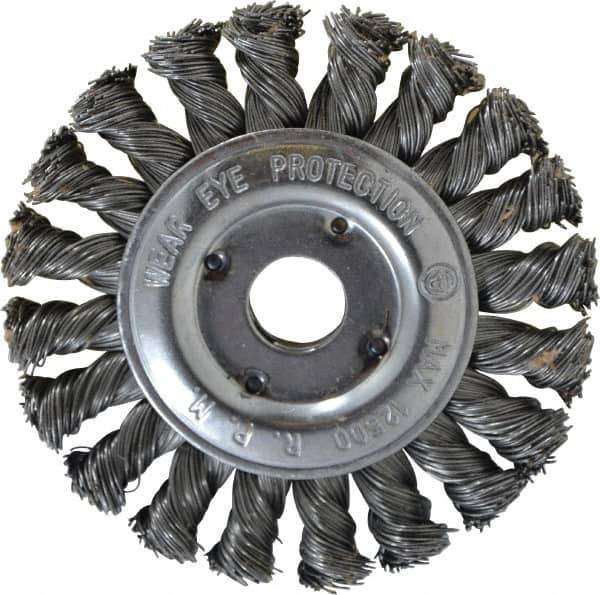 Value Collection - 4" OD, 5/8" Arbor Hole, Knotted Steel Wheel Brush - 1/2" Face Width, 3/4" Trim Length, 0.012" Filament Diam, 12,500 RPM - Exact Industrial Supply