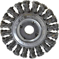 Value Collection - 4" OD, 5/8" Arbor Hole, Knotted Steel Wheel Brush - 1/2" Face Width, 3/4" Trim Length, 0.012" Filament Diam, 12,500 RPM - Exact Industrial Supply