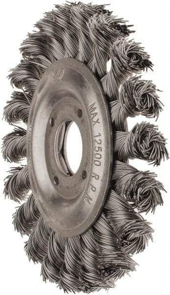 Value Collection - 4-1/2" OD, 7/8" Arbor Hole, Knotted Steel Wheel Brush - 1/2" Face Width, 7/8" Trim Length, 0.012" Filament Diam, 12,500 RPM - Exact Industrial Supply