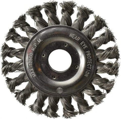 Value Collection - 4-1/2" OD, 7/8" Arbor Hole, Knotted Steel Wheel Brush - 1/2" Face Width, 7/8" Trim Length, 0.008" Filament Diam, 12,500 RPM - Exact Industrial Supply