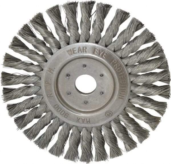 Value Collection - 7" OD, 7/8" Arbor Hole, Knotted Steel Wheel Brush - 1/2" Face Width, 1-11/16" Trim Length, 0.008" Filament Diam, 9,000 RPM - Exact Industrial Supply