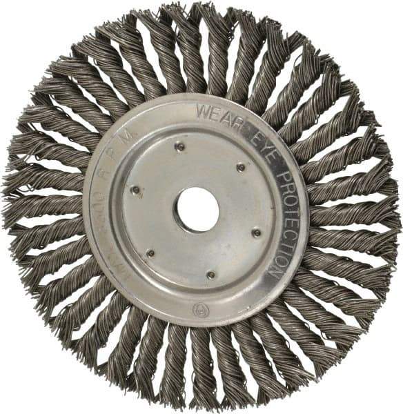 Value Collection - 8" OD, 7/8" Arbor Hole, Knotted Steel Wheel Brush - 1/2" Face Width, 1-11/16" Trim Length, 0.015" Filament Diam, 8,500 RPM - Exact Industrial Supply