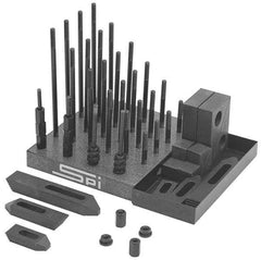 TE-CO - 53 Piece Fixturing Step Block & Clamp Set with 5/16" T-Slot, 5/16-18 Stud Thread - 3, 4, 5, 6, 7 & 8" Stud Lengths - Exact Industrial Supply