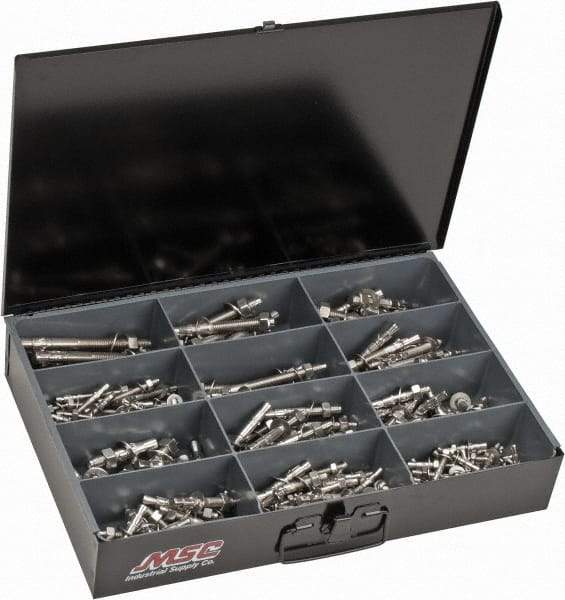 Value Collection - 290 Piece, 1/4 to 1/2" Screw, Stainless Steel Hex Drive Anchor Assortment - 1-3/4 to 5-1/2" Long - Exact Industrial Supply