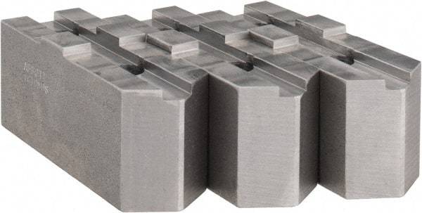Abbott Workholding Products - 10" & Up Chuck Capacity, Tongue & Groove Attachment, Square Soft Lathe Chuck Jaw - 3 Jaws, Steel, 2-1/8" Btw Mount Hole Ctrs, 4-1/2" Long x 1-1/2" Wide x 2" High, 1/2" Groove, 1/2" Fastener - Exact Industrial Supply