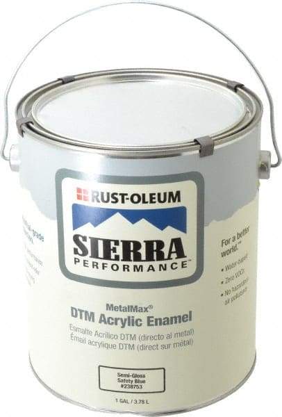 Rust-Oleum - 1 Gal Safety Blue Semi Gloss Finish Acrylic Enamel Paint - Interior/Exterior, Direct to Metal, <0 gL VOC Compliance - Exact Industrial Supply