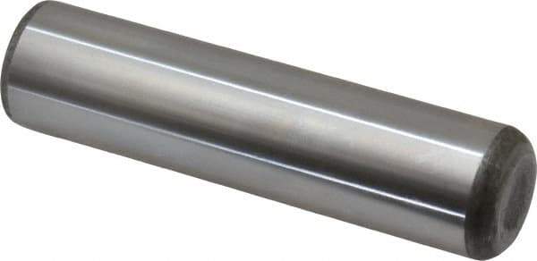 Made in USA - 1" Diam x 4" Pin Length Grade 8 Alloy Steel Standard Dowel Pin - Bright Finish, C 47-58 & C 60 (Surface) Hardness, 117,800 Lb (Single Shear), 235,600 Lb (Double Shear) Breaking Strength, 1 Beveled & 1 Rounded End - Exact Industrial Supply