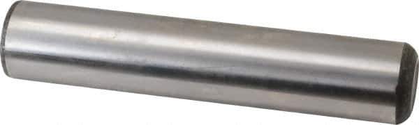 Made in USA - 1" Diam x 5" Pin Length Grade 8 Alloy Steel Standard Dowel Pin - Bright Finish, C 47-58 & C 60 (Surface) Hardness, 117,800 Lb (Single Shear), 235,600 Lb (Double Shear) Breaking Strength, 1 Beveled & 1 Rounded End - Exact Industrial Supply