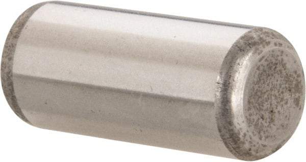 Made in USA - 7/16" Diam x 1" Pin Length Grade 8 Alloy Steel Standard Dowel Pin - Bright Finish, C 47-58 & C 60 (Surface) Hardness, 22,550 Lb (Single Shear), 45,100 Lb (Double Shear) Breaking Strength, 1 Beveled & 1 Rounded End - Exact Industrial Supply