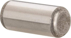 Made in USA - 7/16" Diam x 1" Pin Length Grade 8 Alloy Steel Standard Dowel Pin - Bright Finish, C 47-58 & C 60 (Surface) Hardness, 22,550 Lb (Single Shear), 45,100 Lb (Double Shear) Breaking Strength, 1 Beveled & 1 Rounded End - Exact Industrial Supply