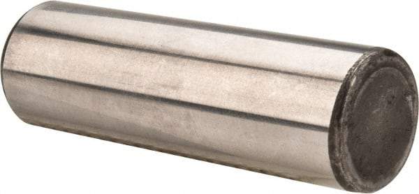 Made in USA - 5/8" Diam x 2" Pin Length Grade 8 Alloy Steel Standard Dowel Pin - Bright Finish, C 47-58 & C 60 (Surface) Hardness, 46,000 Lb (Single Shear), 92,000 Lb (Double Shear) Breaking Strength, 1 Beveled & 1 Rounded End - Exact Industrial Supply