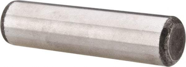 Made in USA - 5/8" Diam x 2-1/2" Pin Length Grade 8 Alloy Steel Standard Dowel Pin - Bright Finish, C 47-58 & C 60 (Surface) Hardness, 46,000 Lb (Single Shear), 92,000 Lb (Double Shear) Breaking Strength, 1 Beveled & 1 Rounded End - Exact Industrial Supply