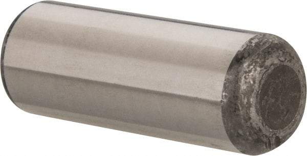 Made in USA - 3/4" Diam x 2" Pin Length Grade 8 Alloy Steel Standard Dowel Pin - Bright Finish, C 47-58 & C 60 (Surface) Hardness, 132,400 Lb (Double Shear), 66,200 Lb (Single Shear) Breaking Strength, 1 Beveled & 1 Rounded End - Exact Industrial Supply