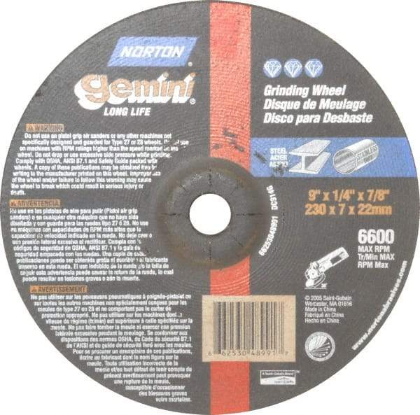 Norton - 9" Wheel Diam, 1/4" Wheel Thickness, 7/8" Arbor Hole, Type 27 Depressed Center Wheel - Aluminum Oxide, 6,600 Max RPM, Compatible with Angle Grinder - Exact Industrial Supply