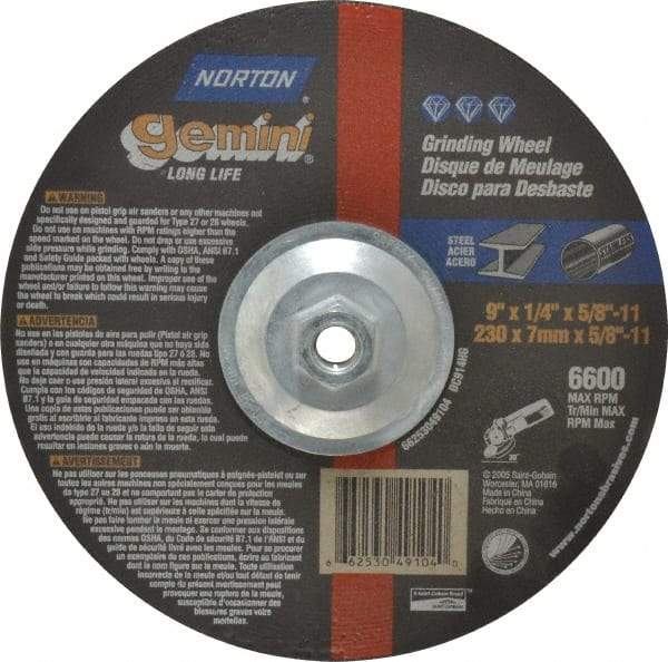 Norton - 9" Wheel Diam, 1/4" Wheel Thickness, Type 27 Depressed Center Wheel - Aluminum Oxide, 6,600 Max RPM, Compatible with Angle Grinder - Exact Industrial Supply