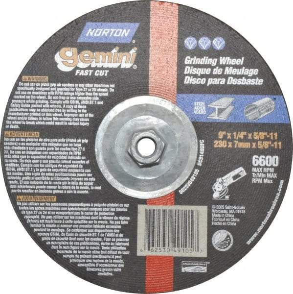 Norton - 9" Wheel Diam, 1/4" Wheel Thickness, Type 27 Depressed Center Wheel - Aluminum Oxide, 6,600 Max RPM, Compatible with Angle Grinder - Exact Industrial Supply