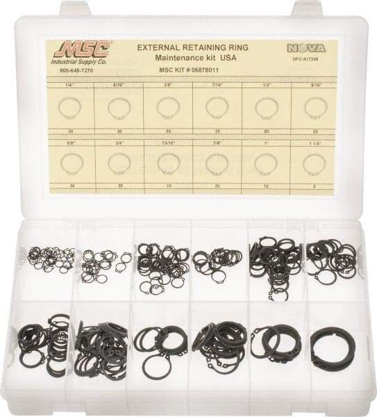 Made in USA - 300 Piece, 1/4 to 1-1/4", Steel, Snap External Retaining Ring Assortment - Includes Compartmented Case - Exact Industrial Supply