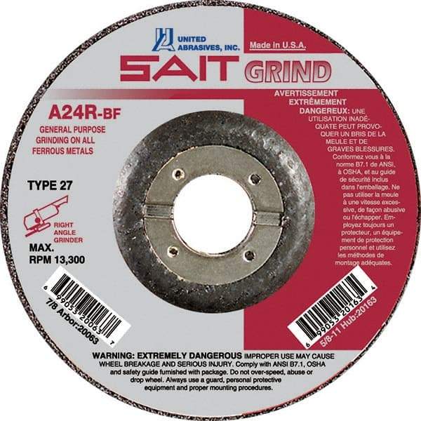 Sait - 24 Grit, 4" Wheel Diam, 1/4" Wheel Thickness, 5/8" Arbor Hole, Type 27 Depressed Center Wheel - Aluminum Oxide, Resinoid Bond, R Hardness, 13,500 Max RPM, Compatible with Angle Grinder - Exact Industrial Supply