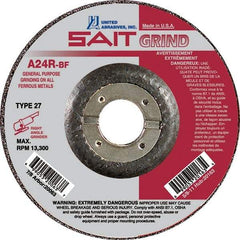 Sait - 24 Grit, 5" Wheel Diam, 1/4" Wheel Thickness, 7/8" Arbor Hole, Type 27 Depressed Center Wheel - Aluminum Oxide, Resinoid Bond, R Hardness, 12,200 Max RPM, Compatible with Angle Grinder - Exact Industrial Supply