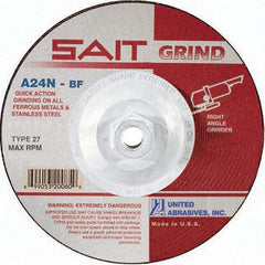 Sait - 24 Grit, 5" Wheel Diam, 1/4" Wheel Thickness, Type 27 Depressed Center Wheel - Aluminum Oxide, Resinoid Bond, N Hardness, 12,200 Max RPM, Compatible with Angle Grinder - Exact Industrial Supply