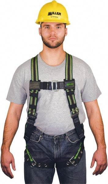 Miller - 400 Lb Capacity, Size Universal, Full Body Construction Safety Harness - Elastomer, Tongue Leg Strap, Mating Chest Strap, Green/Black - Exact Industrial Supply