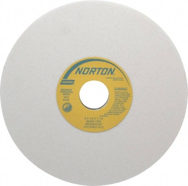 Norton - 8" Diam x 1-1/4" Hole x 1/4" Thick, I Hardness, 80 Grit Surface Grinding Wheel - Aluminum Oxide, Type 1, Medium Grade, 3,600 Max RPM, Vitrified Bond, No Recess - Exact Industrial Supply