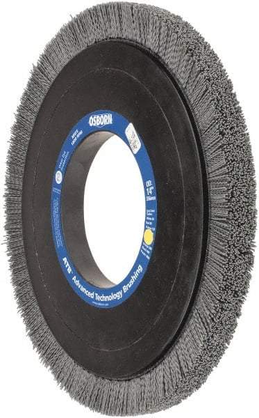 Osborn - 14" OD, 5-1/4" Arbor Hole, Crimped Nylon Wheel Brush - 1" Face Width, 1-1/4" Trim Length, 0.04" Filament Diam, 1,800 RPM - Exact Industrial Supply
