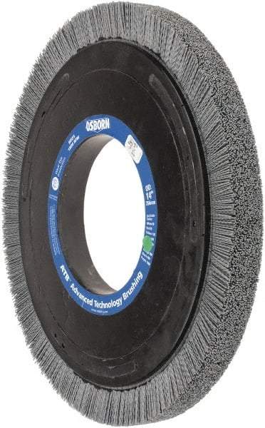 Osborn - 14" OD, 5-1/4" Arbor Hole, Crimped Nylon Wheel Brush - 1" Face Width, 1-1/4" Trim Length, 0.035" Filament Diam, 1,800 RPM - Exact Industrial Supply