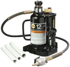 Omega Lift Equipment - 12 Ton Capacity Air-Actuated Bottle Jack - 9-1/2" to 18-1/2" High, 6" Piston Stroke, 3-1/2" Screw Length, 1-3/4" Screw Diam, 1-3/4" Plunger Diam, 6-1/2" Wide Base - Exact Industrial Supply