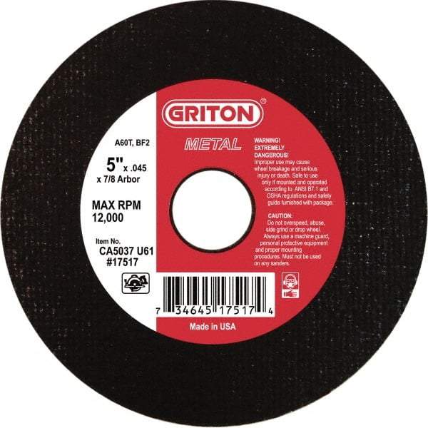 Made in USA - 5" 60 Grit Aluminum Oxide Cutoff Wheel - 0.045" Thick, 7/8" Arbor, 12,224 Max RPM, Use with Angle Grinders - Exact Industrial Supply