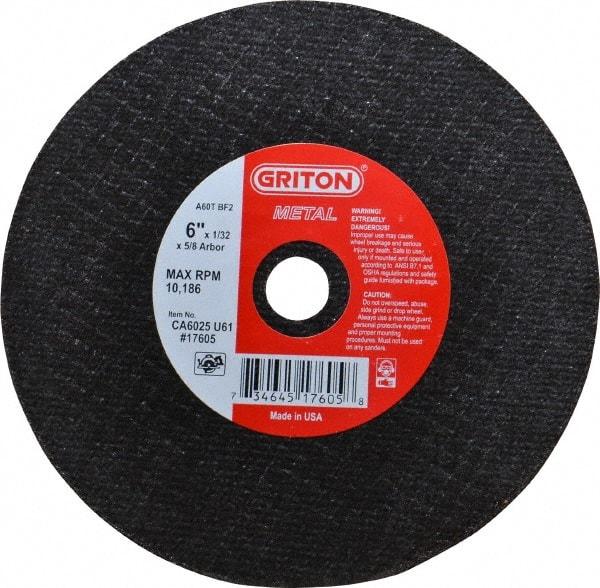Value Collection - 6" 60 Grit Aluminum Oxide Cutoff Wheel - 1/32" Thick, 5/8" Arbor, 10,186 Max RPM, Use with Circular Saws - Exact Industrial Supply
