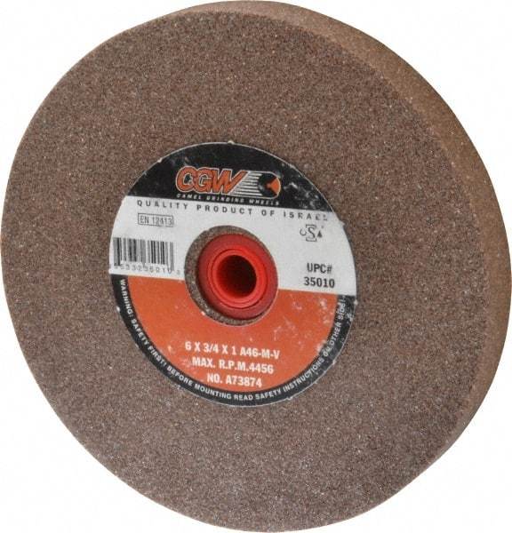 Camel Grinding Wheels - 46 Grit Aluminum Oxide Bench & Pedestal Grinding Wheel - 6" Diam x 1" Hole x 3/4" Thick, 4456 Max RPM, M Hardness, Coarse Grade , Vitrified Bond - Exact Industrial Supply