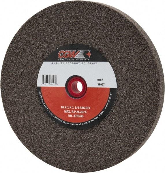 Camel Grinding Wheels - 36 Grit Aluminum Oxide Bench & Pedestal Grinding Wheel - 10" Diam x 1-1/4" Hole x 1" Thick, 2483 Max RPM, O Hardness, Very Coarse Grade , Vitrified Bond - Exact Industrial Supply