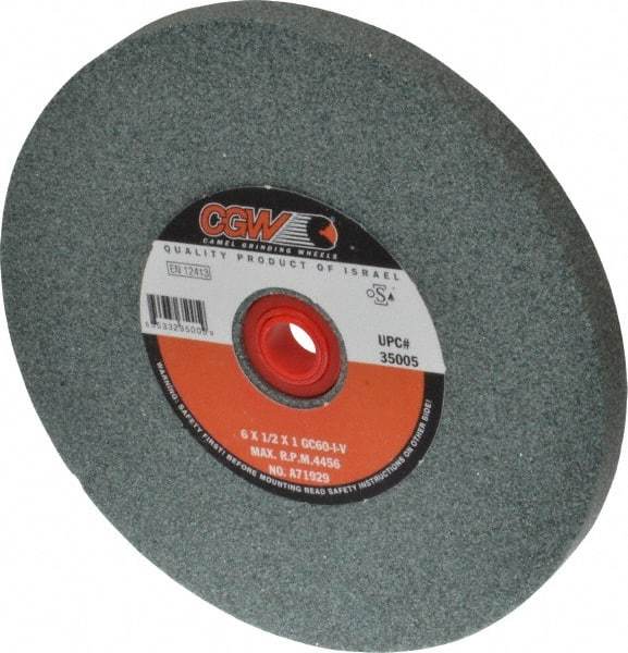 Camel Grinding Wheels - 60 Grit Silicon Carbide Bench & Pedestal Grinding Wheel - 6" Diam x 1" Hole x 1/2" Thick, 4456 Max RPM, I Hardness, Medium Grade , Vitrified Bond - Exact Industrial Supply