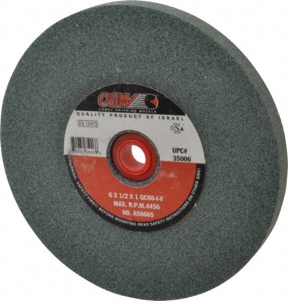 Camel Grinding Wheels - 80 Grit Silicon Carbide Bench & Pedestal Grinding Wheel - 6" Diam x 1" Hole x 1/2" Thick, 4456 Max RPM, I Hardness, Medium Grade , Vitrified Bond - Exact Industrial Supply