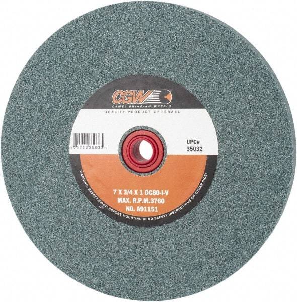 Camel Grinding Wheels - 80 Grit Silicon Carbide Bench & Pedestal Grinding Wheel - 7" Diam x 1" Hole x 3/4" Thick, 3760 Max RPM, I Hardness, Medium Grade , Vitrified Bond - Exact Industrial Supply