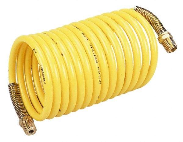 Coilhose Pneumatics - 3/8" ID, 3/8 Thread, 50' Long, Yellow Nylon Coiled & Self Storing Hose - 165 Max psi, Male Rigid x Male Swivel - Exact Industrial Supply