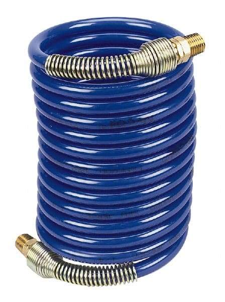 Coilhose Pneumatics - 1/4" ID, 1/4 Thread, 12' Long, Blue Nylon Coiled & Self Storing Hose - 220 Max psi, Male Swivel x Male Swivel - Exact Industrial Supply
