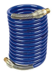 Coilhose Pneumatics - 1/4" ID, 1/4 Thread, 12' Long, Blue Nylon Coiled & Self Storing Hose - 220 Max psi, Male Swivel x Male Swivel - Exact Industrial Supply