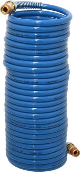 Coilhose Pneumatics - 1/4" ID, 1/4 Thread, 25' Long, Blue Nylon Coiled & Self Storing Hose - 220 Max psi, Male Swivel x Male Swivel - Exact Industrial Supply