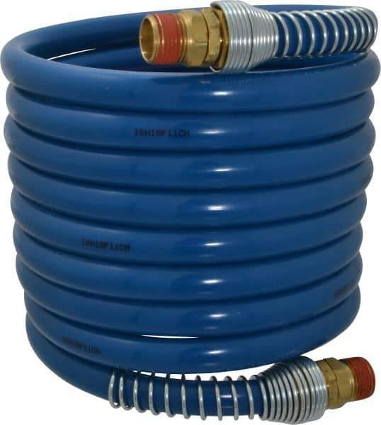 Coilhose Pneumatics - 3/8" ID, 3/8 Thread, 12' Long, Blue Nylon Coiled & Self Storing Hose - 230 Max psi, Male Swivel x Male Swivel - Exact Industrial Supply