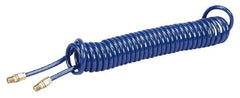 Coilhose Pneumatics - 1/4" ID, 1/4 Thread, 25' Long, Blue Polyurethane Coiled & Self Storing Hose - 125 Max psi, Male Swivel x Male Swivel - Exact Industrial Supply