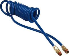 Coilhose Pneumatics - 1/4" ID, 1/4 Thread, 10' Long, Blue Polyurethane Coiled & Self Storing Hose - 125 Max psi, Male Swivel x Male Swivel - Exact Industrial Supply