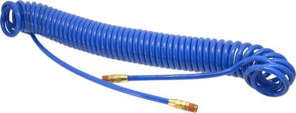 Coilhose Pneumatics - 1/4" ID, 1/4 Thread, 30' Long, Blue Polyurethane Coiled & Self Storing Hose - 125 Max psi, Male Swivel x Male Swivel - Exact Industrial Supply