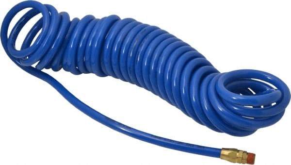 Coilhose Pneumatics - 3/8" ID, 3/8 Thread, 30' Long, Blue Polyurethane Coiled & Self Storing Hose - 115 Max psi, Male Swivel x Male Swivel - Exact Industrial Supply