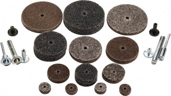 3M - 30 Piece Deburring Kit - 1/2, 1, 1-1/2 & 2" Diam Unitized Wheels in Fine, Medium & Coarse Grades, 1/8 & 1/4" Shank Diam, Aluminum Oxide & Silicon Carbide - Exact Industrial Supply