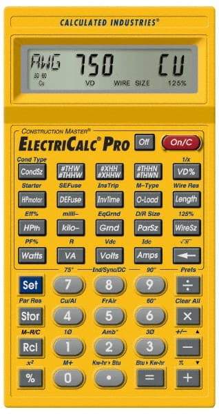 Calculated Industries - 8-Digit LCD with Annunciator-Legends 30 Function Handheld Calculator - 5/8" x 2-1/2" (15.88mm x 63.5mm) Display Size, Yellow, CR-2032 Powered, 9" Long x 8-1/2" Wide x 1-1/2" High - Exact Industrial Supply
