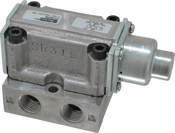 Parker - 1.5 CV Rate, 3/8" NPT Inlet HD Mechanical Oper Valve - 4 Way, 2 Position, 3/8" NPT Outlet, 150 Max psi, Air Pilot Spring Return - Exact Industrial Supply