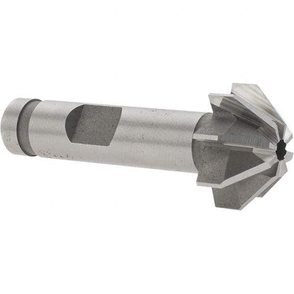Made in USA - 3/4" Large x 5/16" Small Diam, 3/8" Width of Cut, 90° Included Angle, 8 Teeth, Cobalt Face Angle Cutter - 3/8" Shank Diam, 1-15/16" Overall Length, Weldon Flat - Exact Industrial Supply